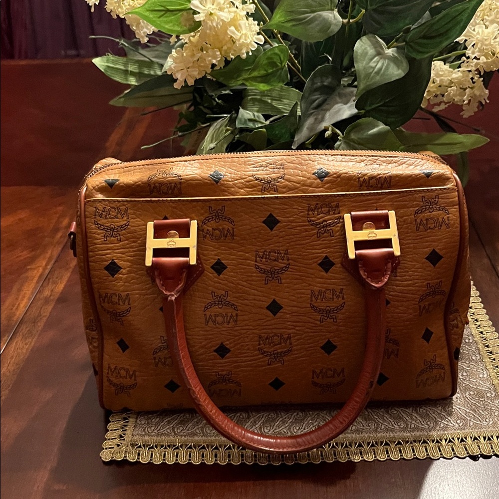 MCM Tan and Brown Satchel with Iconic Monogram and Leather Trim - Picture 2 of 10